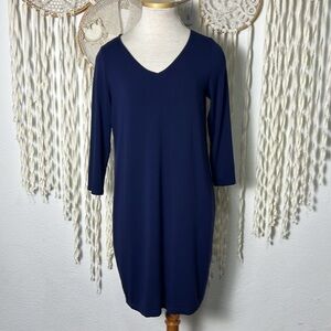 Eileen Fisher Navy Viscose Spandex Blend Jersey Knit Dress Quarter Sleeve L/P